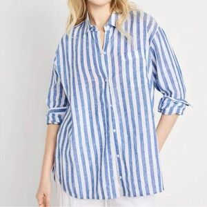 Old Navy Linen Blend Vertical Stripe Boyfriend Shirt Size 2X Blue & White